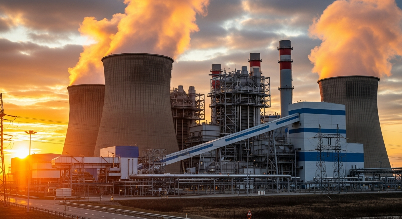 AI_IMAGE: A modern thermal power plant with large cooling towers and industrial infrastructure, shot during golden hour with dramatic clouds, showing the scale and engineering of the facility | photorealistic | landscape