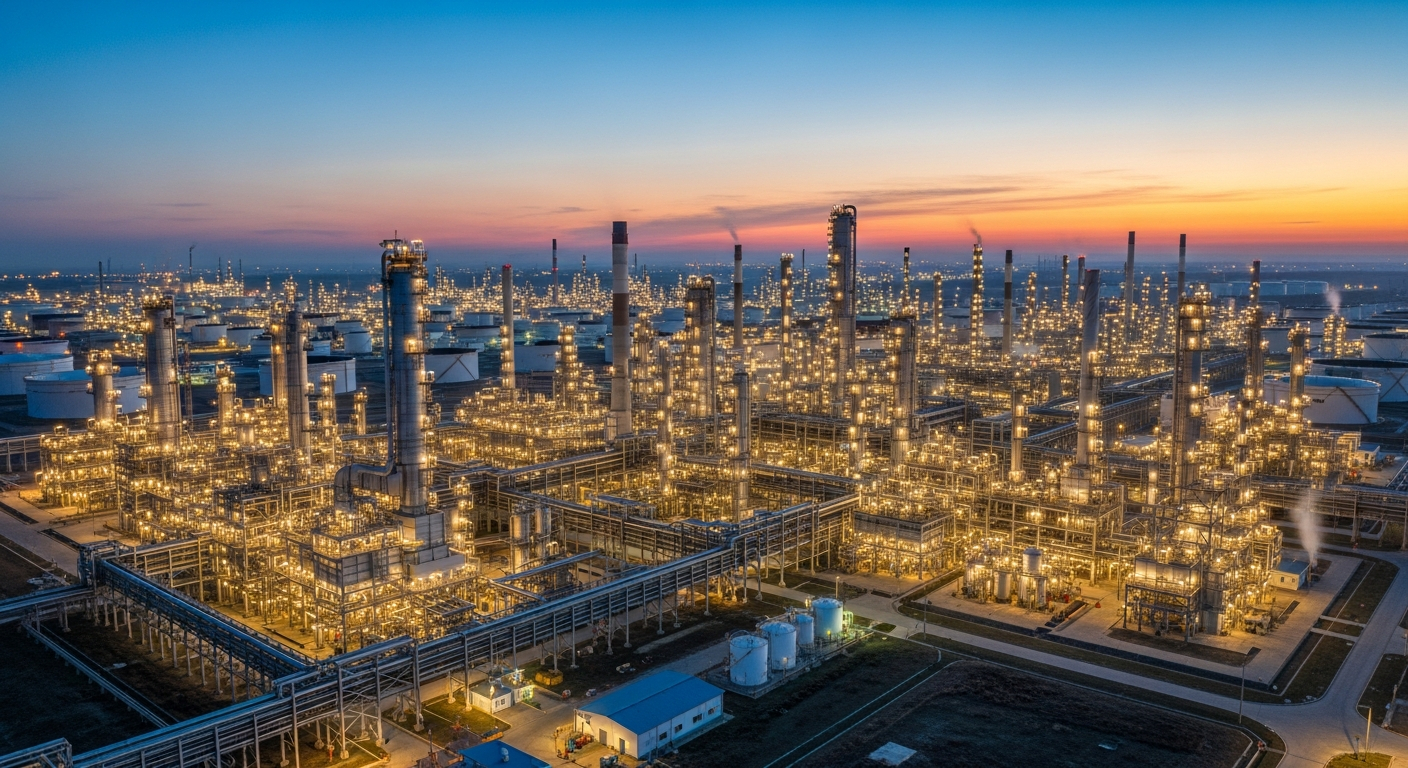 AI_IMAGE: An aerial view of a large petrochemical refinery complex at dusk, with industrial towers, pipes, and storage tanks illuminated by warm operational lights against a twilight sky | photorealistic | landscape
