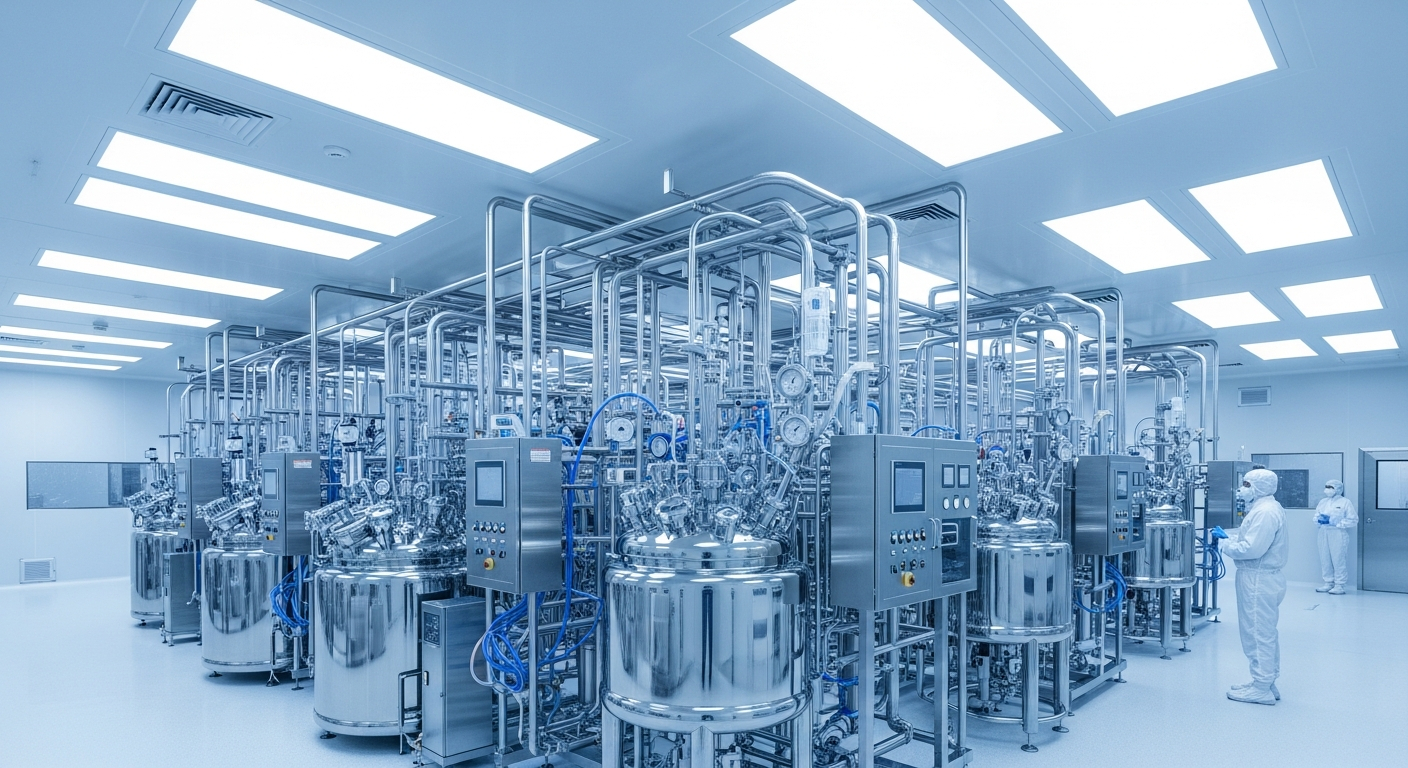 AI_IMAGE: Interior of a modern pharmaceutical manufacturing cleanroom with stainless steel bioreactors and piping systems, clean white and blue environment with bright sterile lighting | photorealistic | landscape