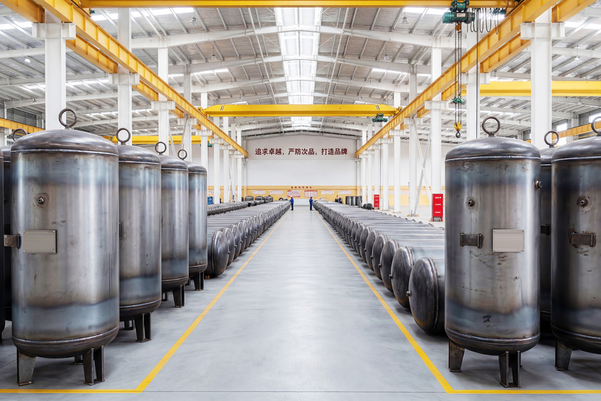  A large industrial stainless steel storage tank in a clean factory setting, with precise welding seams visible, cool blue industrial lighting, technical and professional atmosphere | photorealistic | square