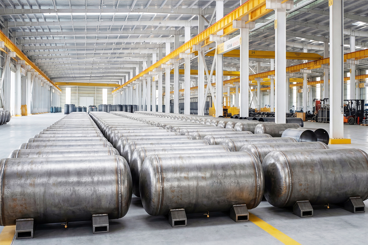 An industrial shell and tube heat exchanger with polished metal surfaces, visible tube bundles and flanged connections, photographed in a manufacturing facility with professional lighting | photorealistic | square