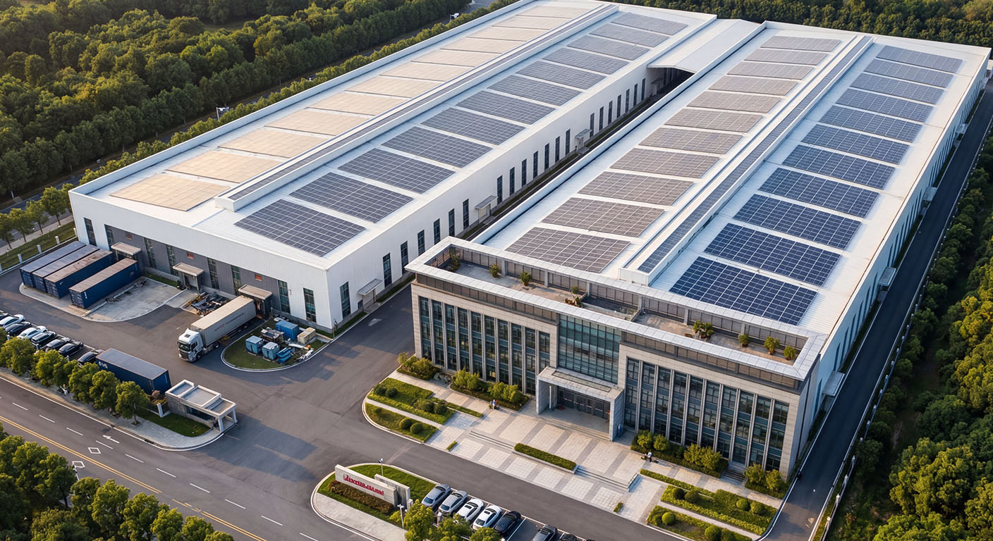 AI_IMAGE: Aerial view of a modern industrial pressure vessel manufacturing campus with multiple large factory buildings, outdoor storage yard with steel tanks, neat roads and landscaping, captured from drone perspective during daytime with clear sky | photorealistic | landscape