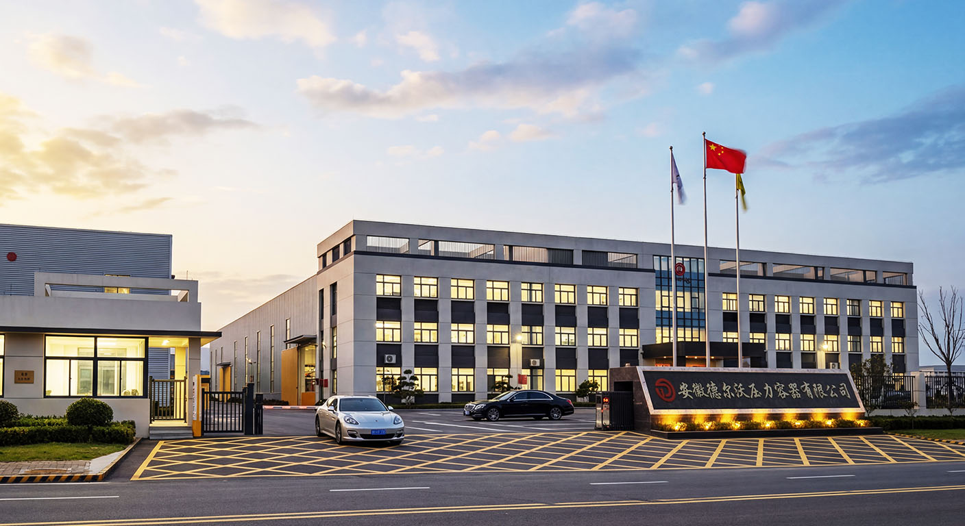 AI_IMAGE: Exterior of a modern industrial manufacturing facility with clean architectural lines, showing a large factory building with the company logo area, neat landscaping, and a clear sky, professional corporate photography style | photorealistic | landscape
