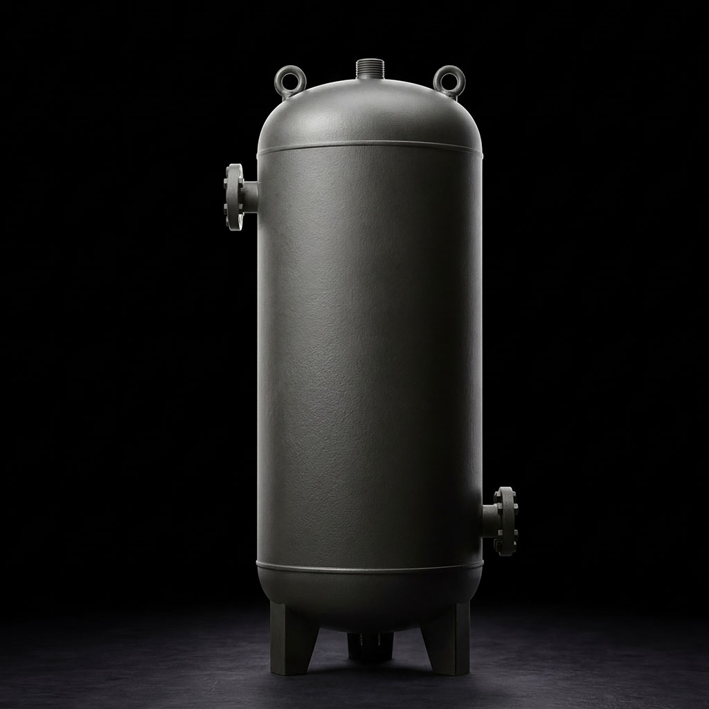AI_IMAGE: A polished carbon steel air receiver tank with safety valve and pressure gauge mounted on steel saddle supports, photographed in a clean industrial workshop with cool blue lighting | photorealistic | square