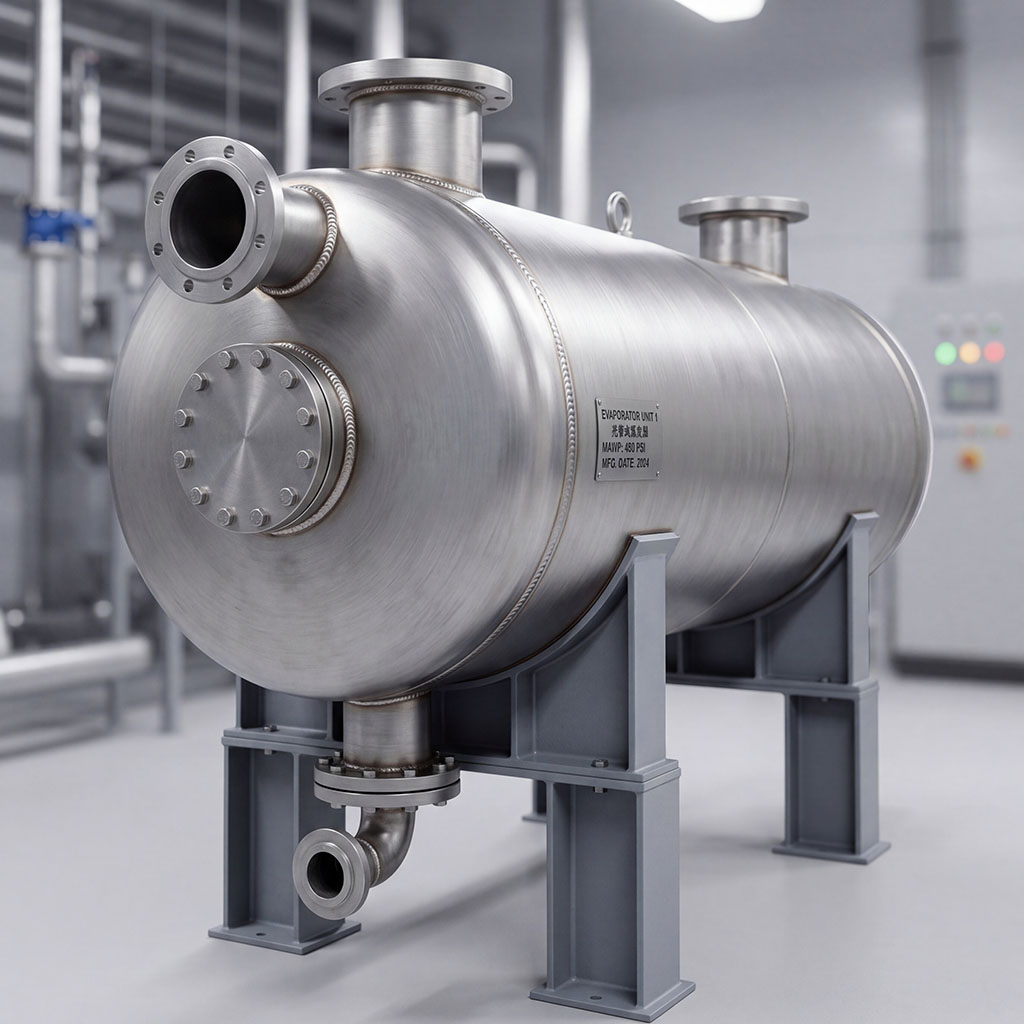 AI_IMAGE: Industrial evaporator and condenser heat exchange equipment with copper tubing and stainless steel shell, multiple flanged connections, photographed in a refrigeration equipment factory | photorealistic | square