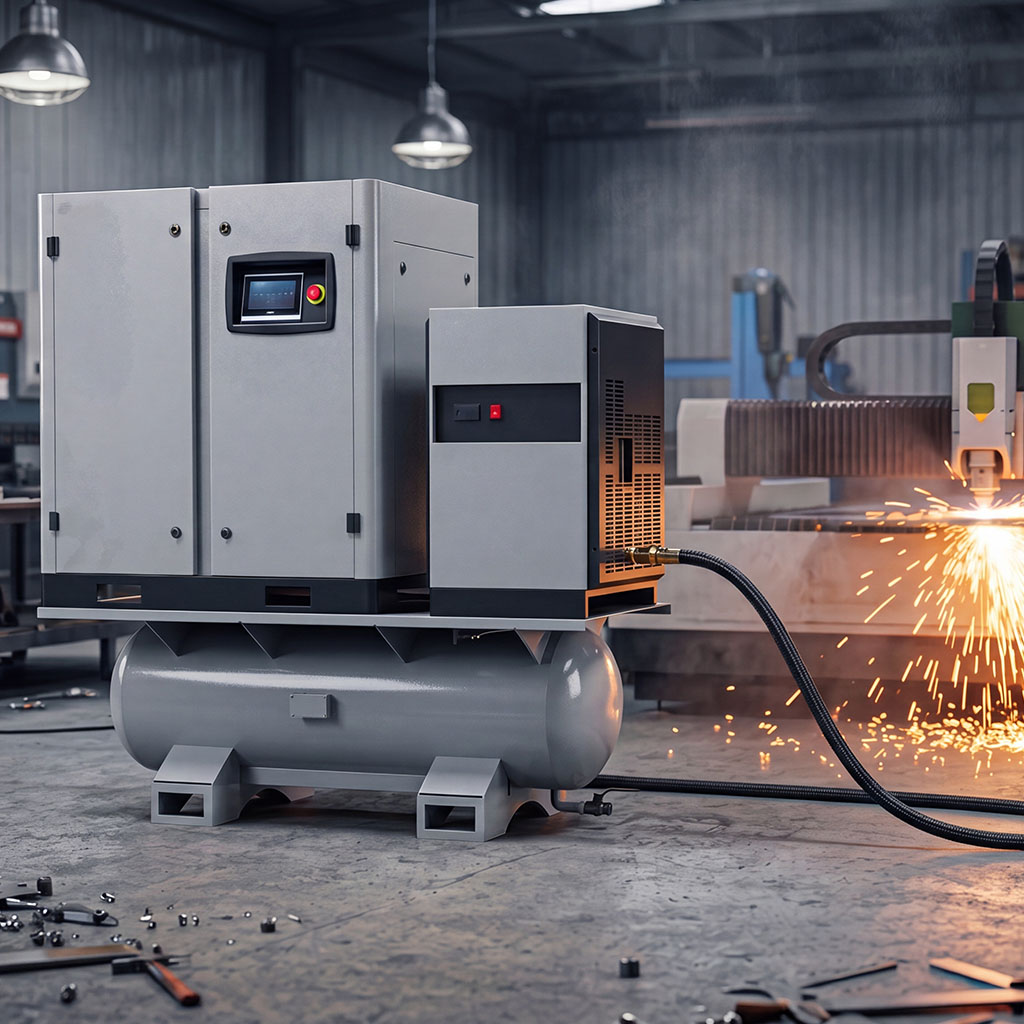 AI_IMAGE: An integrated laser cutting machine air storage tank system with built-in dryer and filter, compact industrial design with digital pressure display, clean white factory background | photorealistic | square