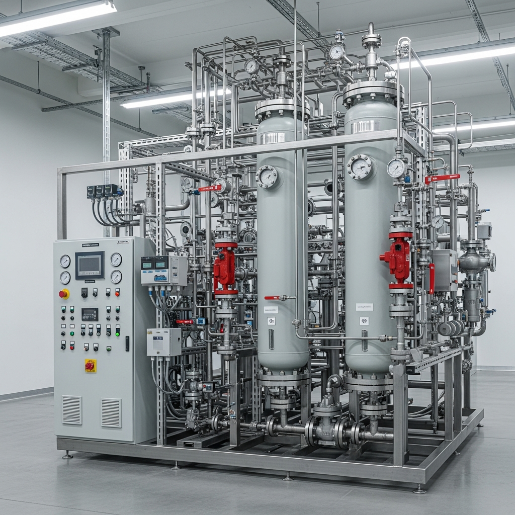 AI_IMAGE: Twin tower PSA nitrogen generator system with two tall cylindrical adsorption columns connected by piping and valves, industrial control panel visible, clean factory setting with professional lighting | photorealistic | square